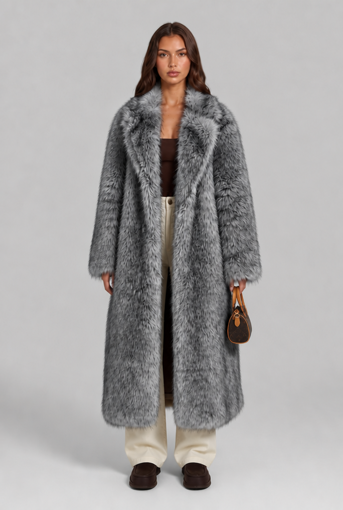 Long Faux Fur Coat with Notched Collar Audrey Calvero