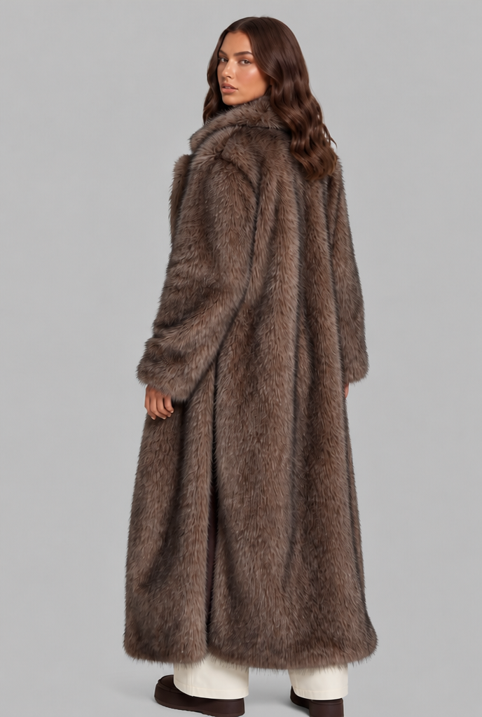 Long Faux Fur Coat with Notched Collar Audrey Calvero