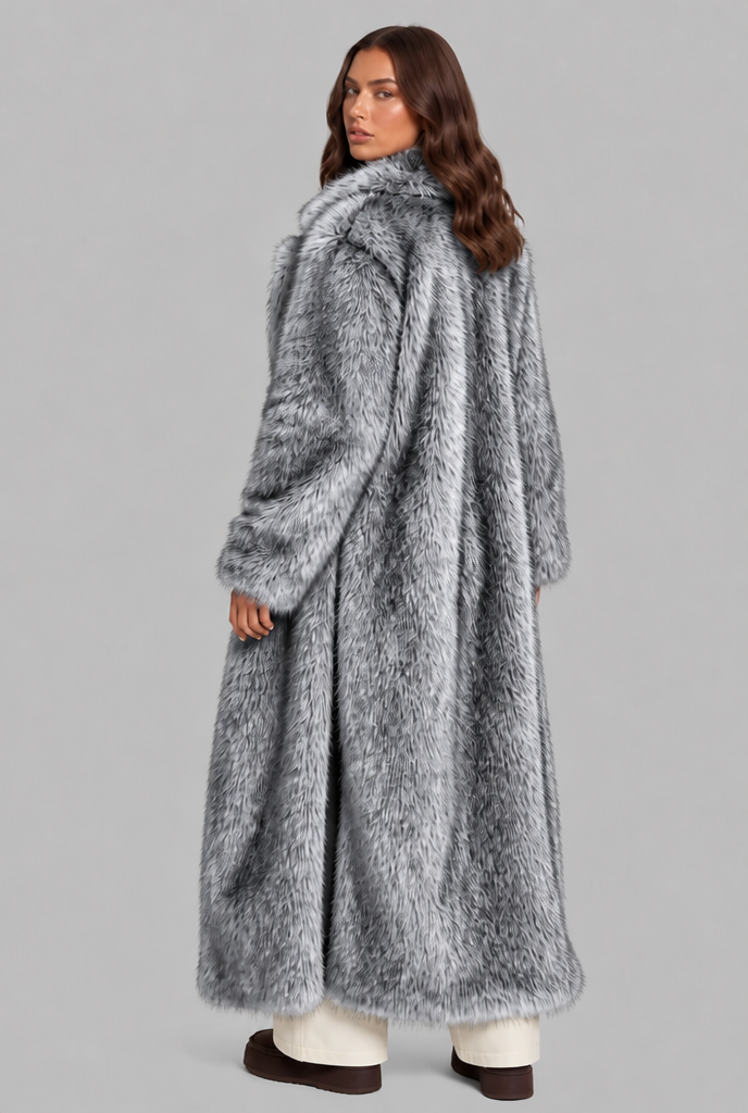 Long Faux Fur Coat with Notched Collar Audrey Calvero