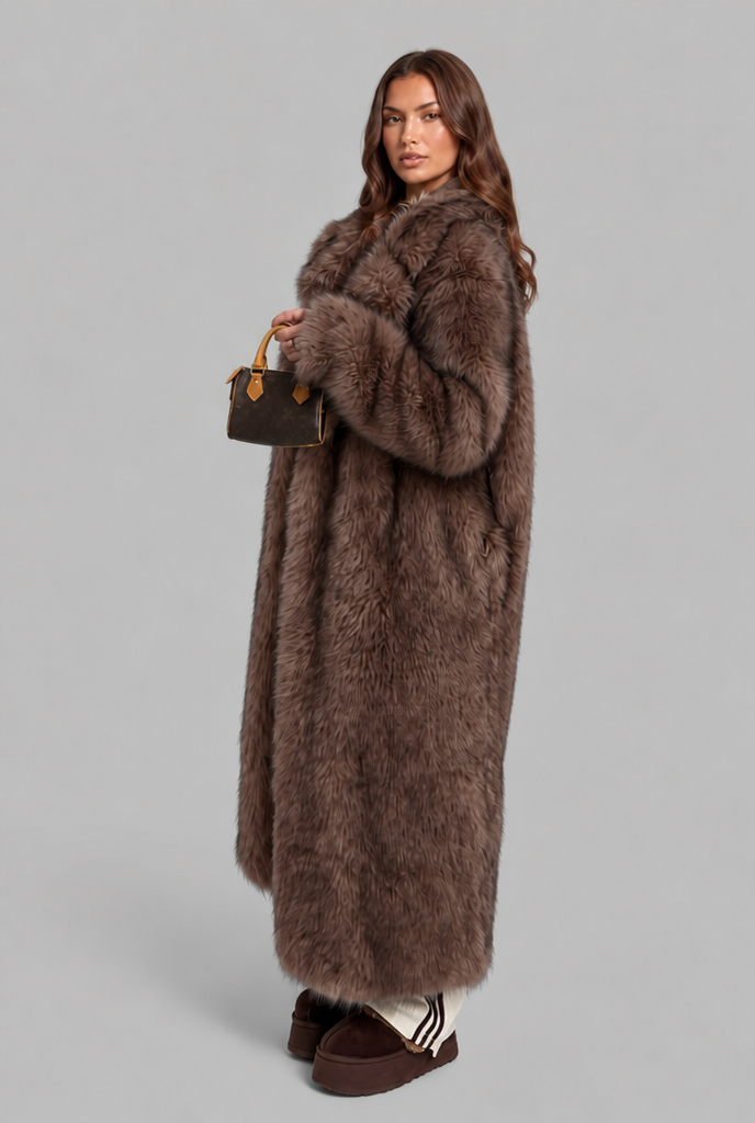Long Faux Fur Coat with Notched Collar Audrey Calvero