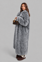 Long Faux Fur Coat with Notched Collar Audrey Calvero