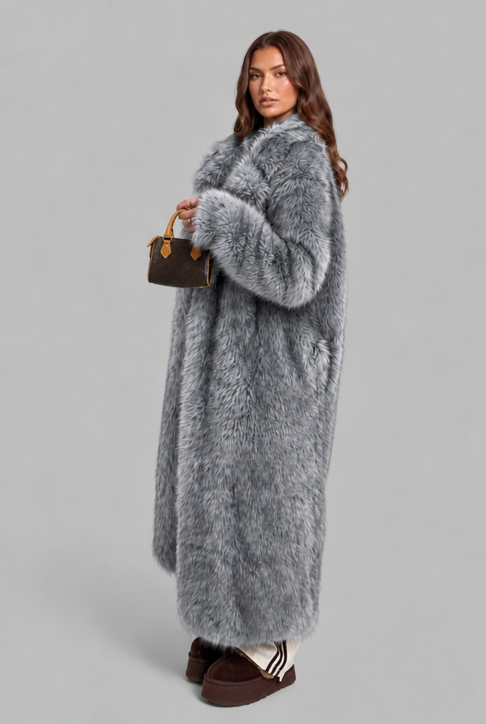 Long Faux Fur Coat with Notched Collar Audrey Calvero