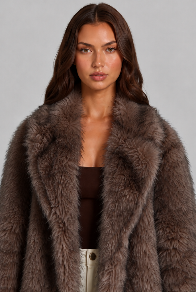 Long Faux Fur Coat with Notched Collar Audrey Calvero