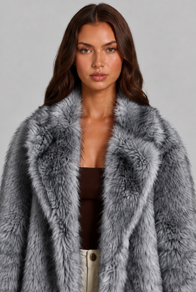 Long Faux Fur Coat with Notched Collar Audrey Calvero