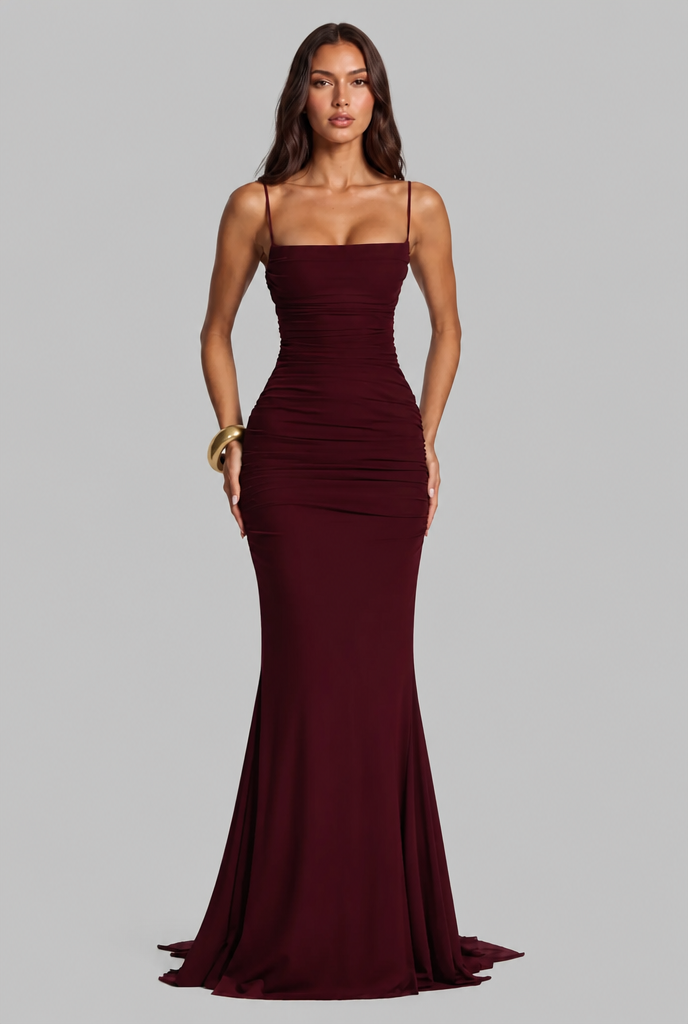 Autumn Wedding Guest Ruched Maxi Dress with Spaghetti Straps Audrey Calvero
