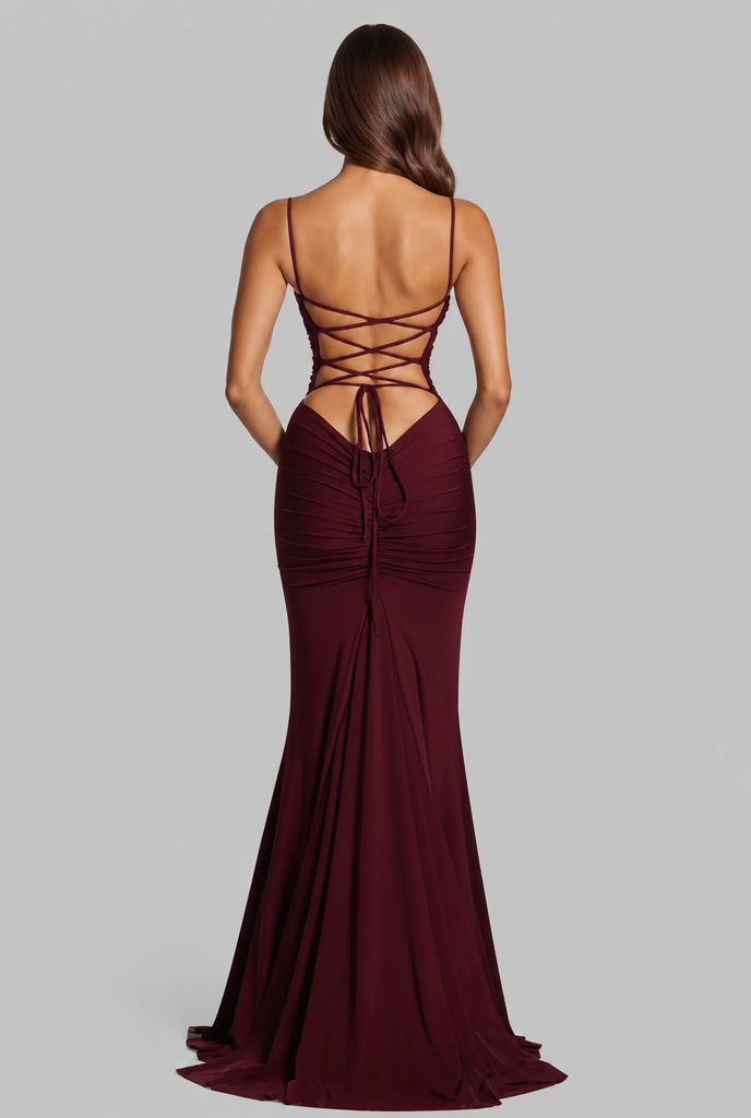 Autumn Wedding Guest Ruched Maxi Dress with Spaghetti Straps Audrey Calvero