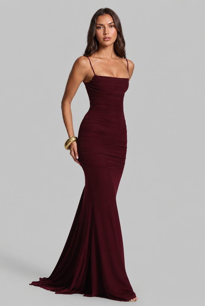 Autumn Wedding Guest Ruched Maxi Dress with Spaghetti Straps Audrey Calvero