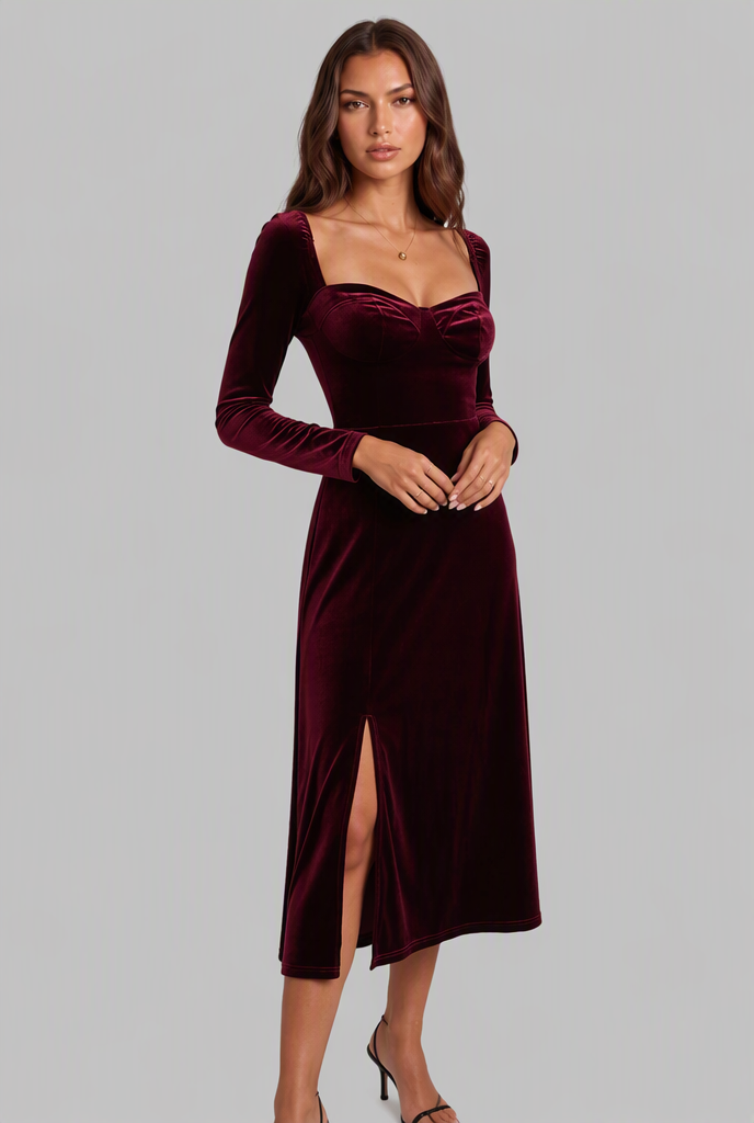 Velvet Midi Dress with Sweetheart Neckline Audrey Calvero