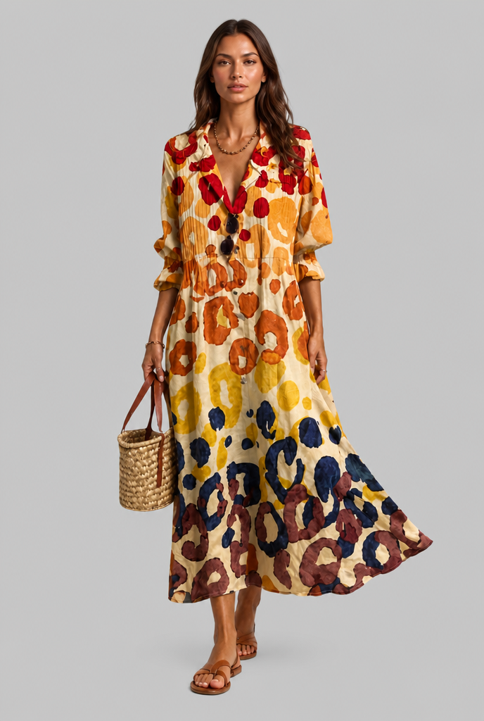 Printed Shirt Midi Dress with V-Neckline Audrey Calvero