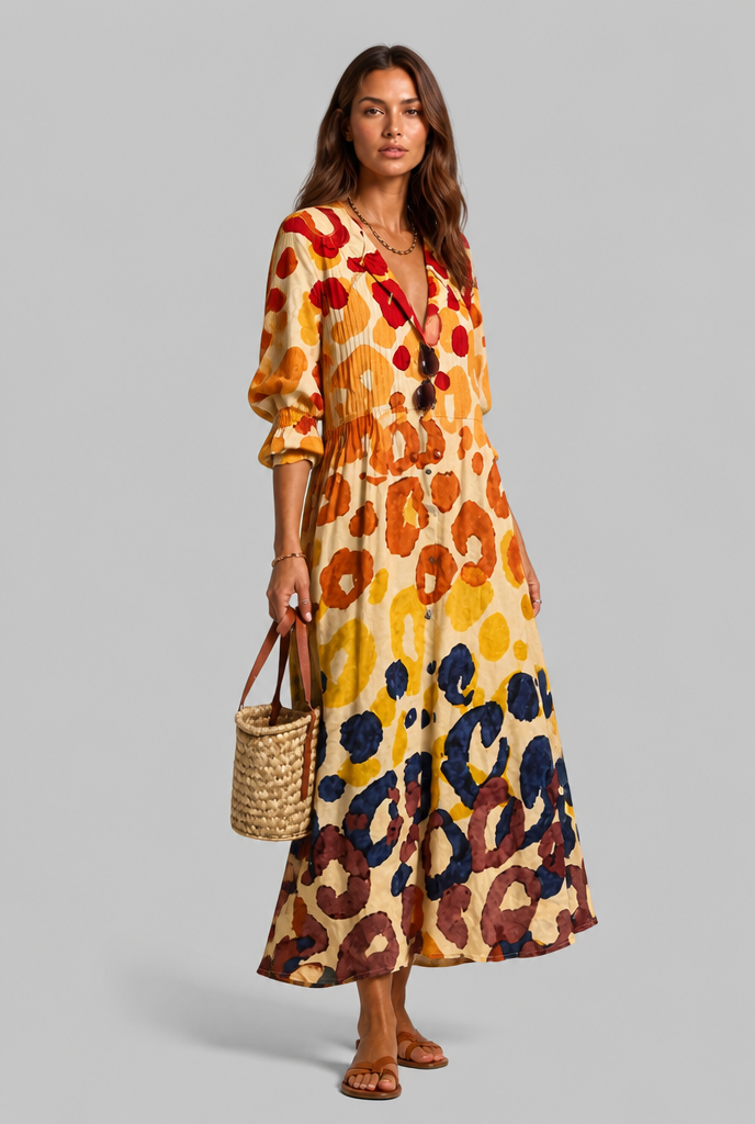 Printed Shirt Midi Dress with V-Neckline Audrey Calvero