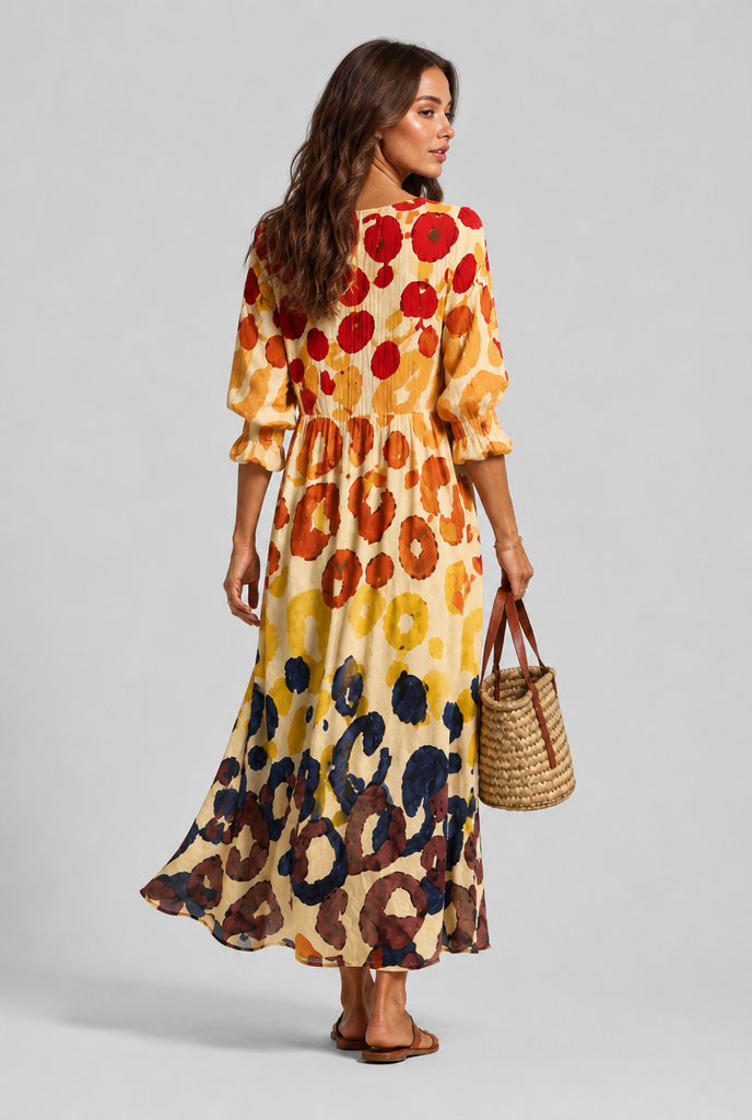 Printed Shirt Midi Dress with V-Neckline Audrey Calvero