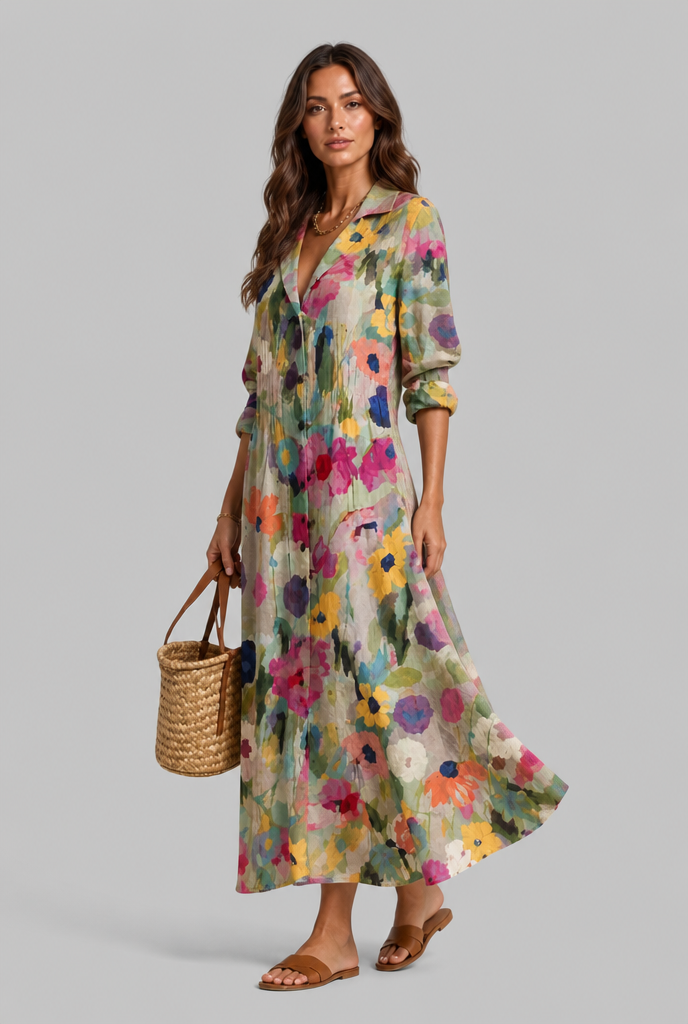 Printed Shirt Midi Dress with V-Neckline Audrey Calvero