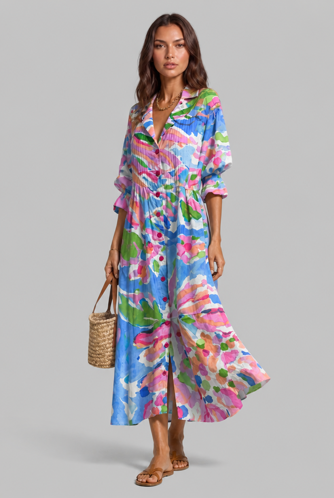 Printed Shirt Midi Dress with V-Neckline Audrey Calvero
