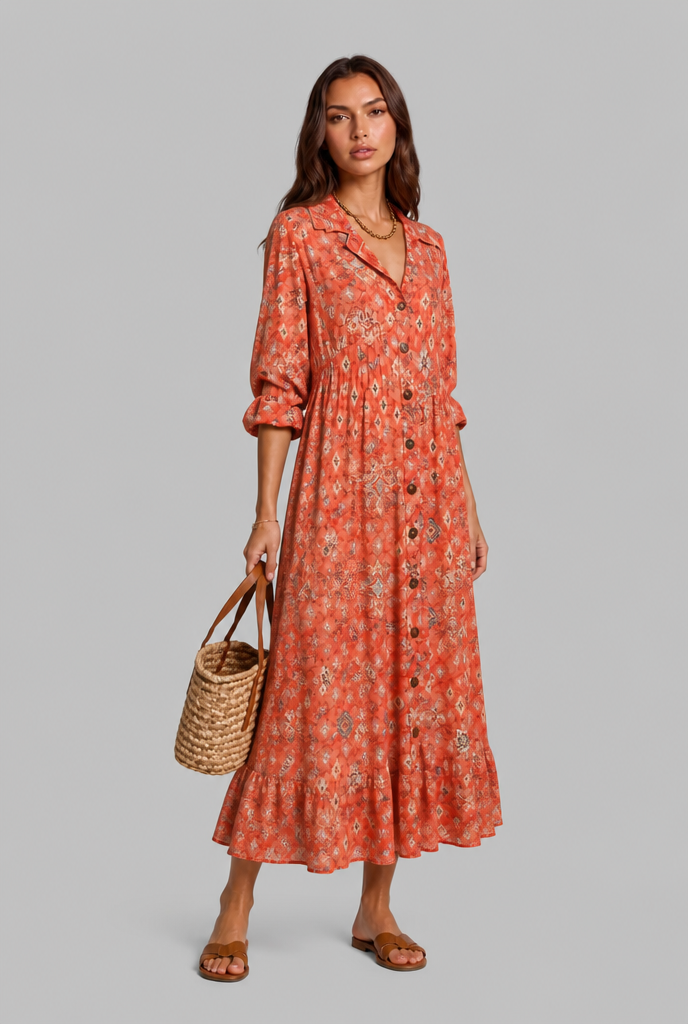 Printed Shirt Midi Dress with V-Neckline Audrey Calvero