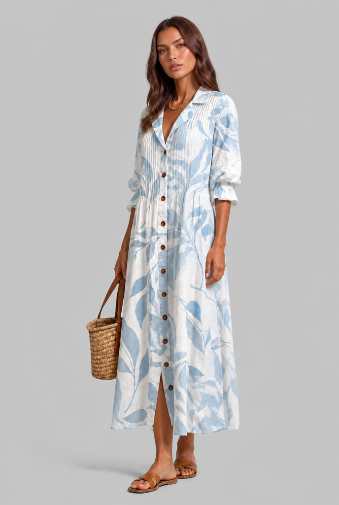 Printed Shirt Midi Dress with V-Neckline Audrey Calvero