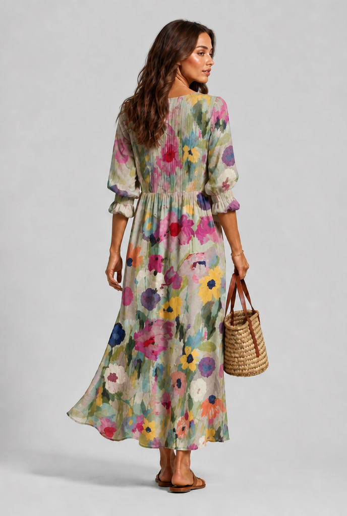 Printed Shirt Midi Dress with V-Neckline Audrey Calvero