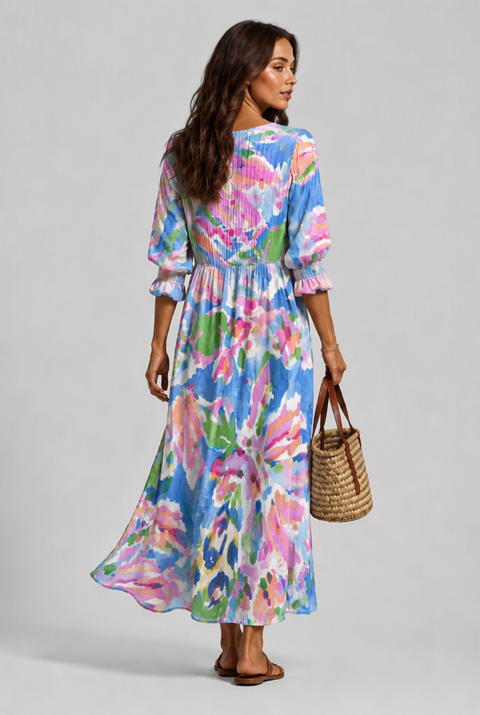 Printed Shirt Midi Dress with V-Neckline Audrey Calvero