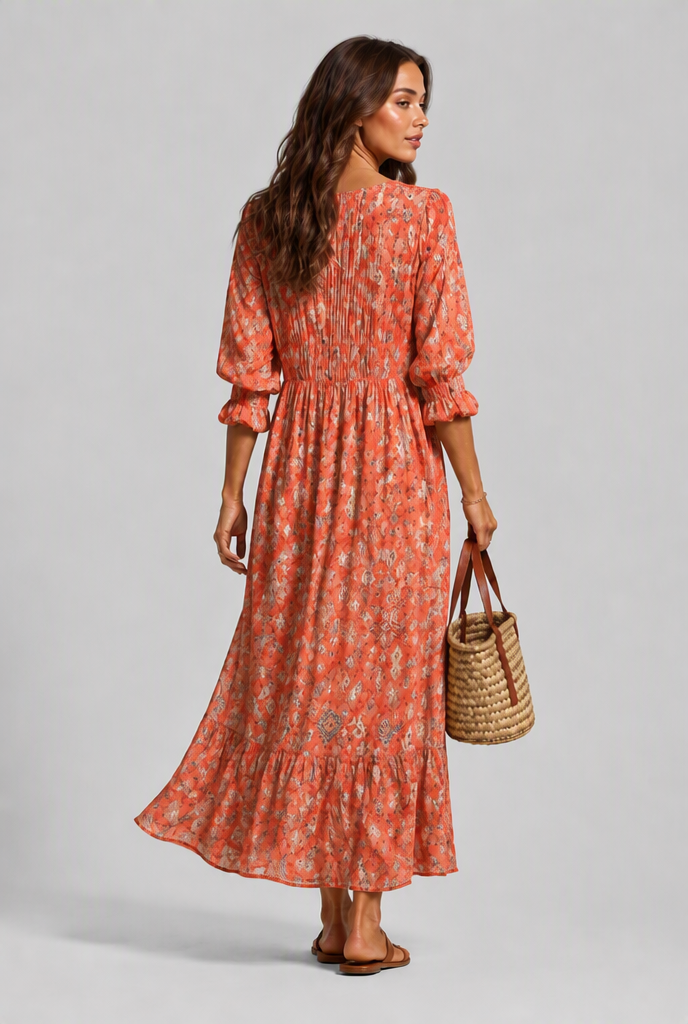 Printed Shirt Midi Dress with V-Neckline Audrey Calvero