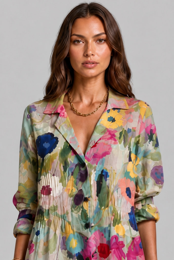 Printed Shirt Midi Dress with V-Neckline Audrey Calvero