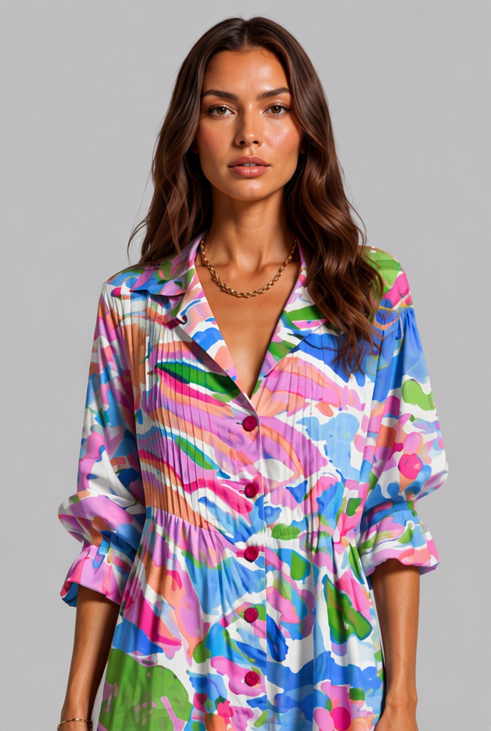 Printed Shirt Midi Dress with V-Neckline Audrey Calvero