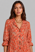 Printed Shirt Midi Dress with V-Neckline Audrey Calvero