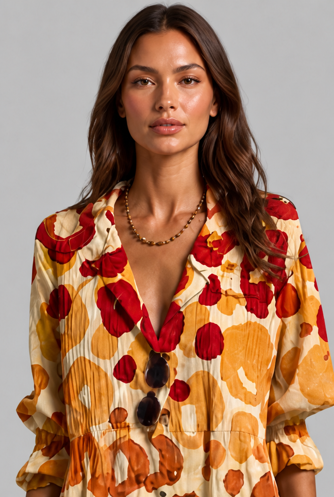 Printed Shirt Midi Dress with V-Neckline Audrey Calvero