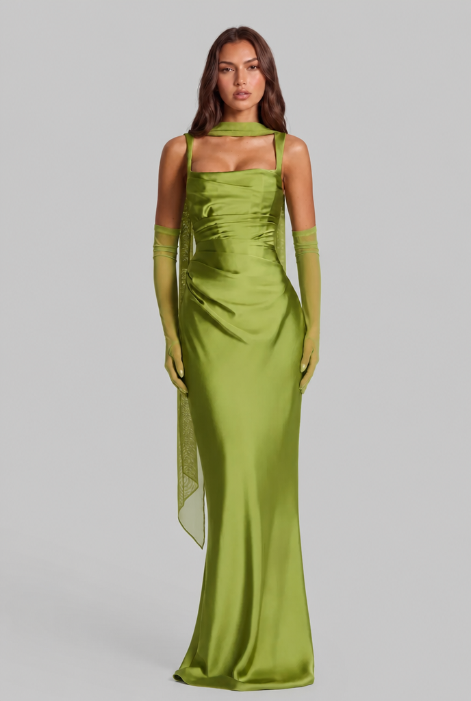 Satin Feel Ruched Waist Maxi Dress Audrey Calvero