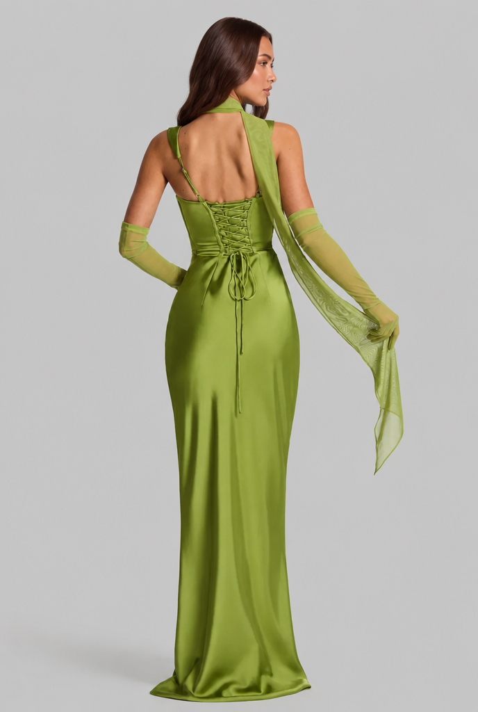 Satin Feel Ruched Waist Maxi Dress Audrey Calvero