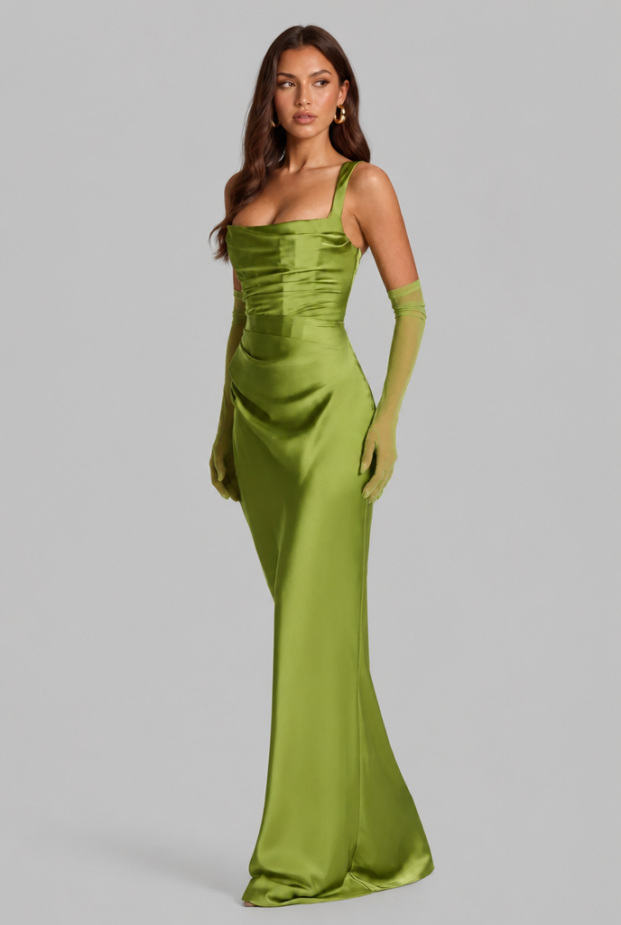 Satin Feel Ruched Waist Maxi Dress Audrey Calvero