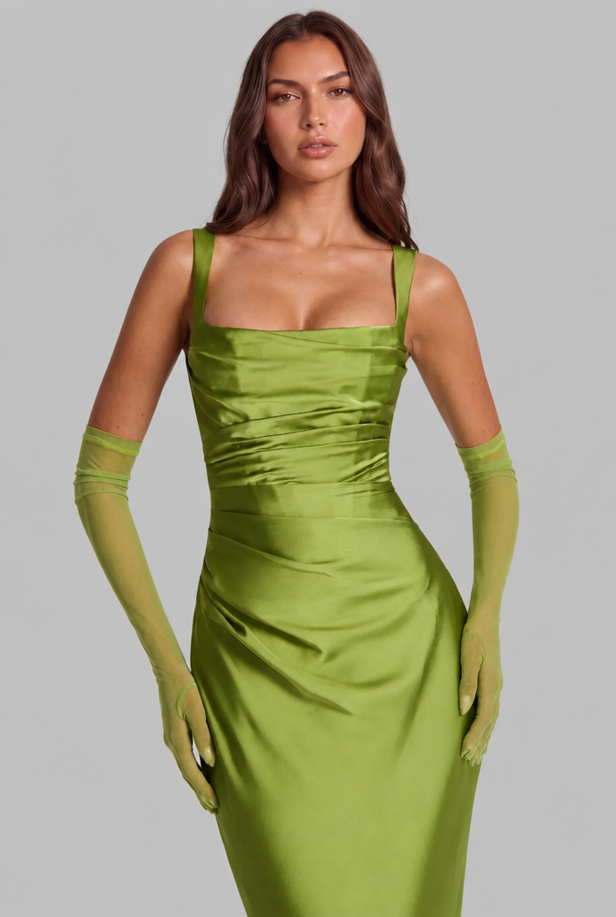 Satin Feel Ruched Waist Maxi Dress Audrey Calvero