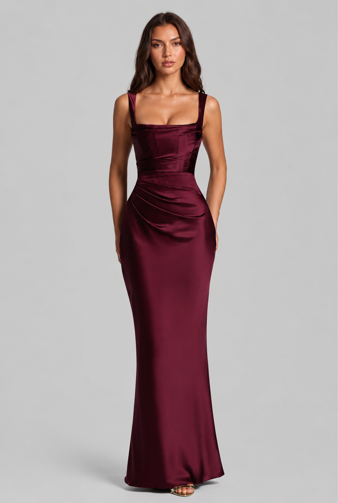 Satin Feel Ruched Waist Maxi Dress Audrey Calvero