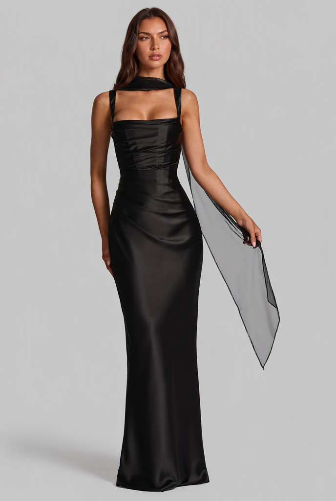 Satin Feel Ruched Waist Maxi Dress Audrey Calvero