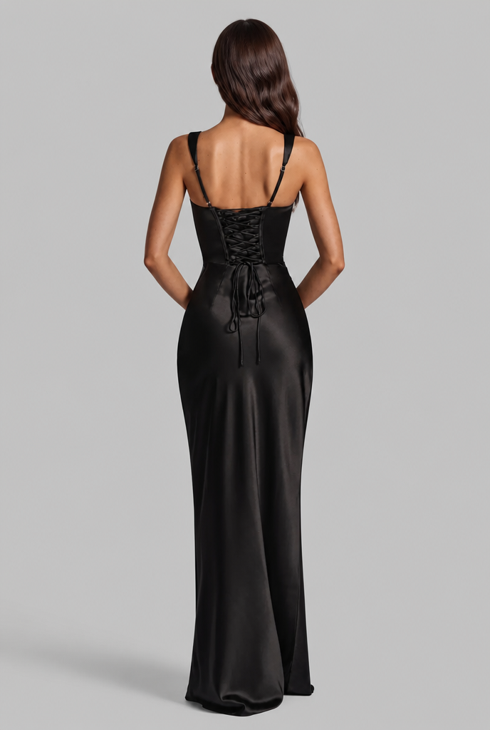 Satin Feel Ruched Waist Maxi Dress Audrey Calvero