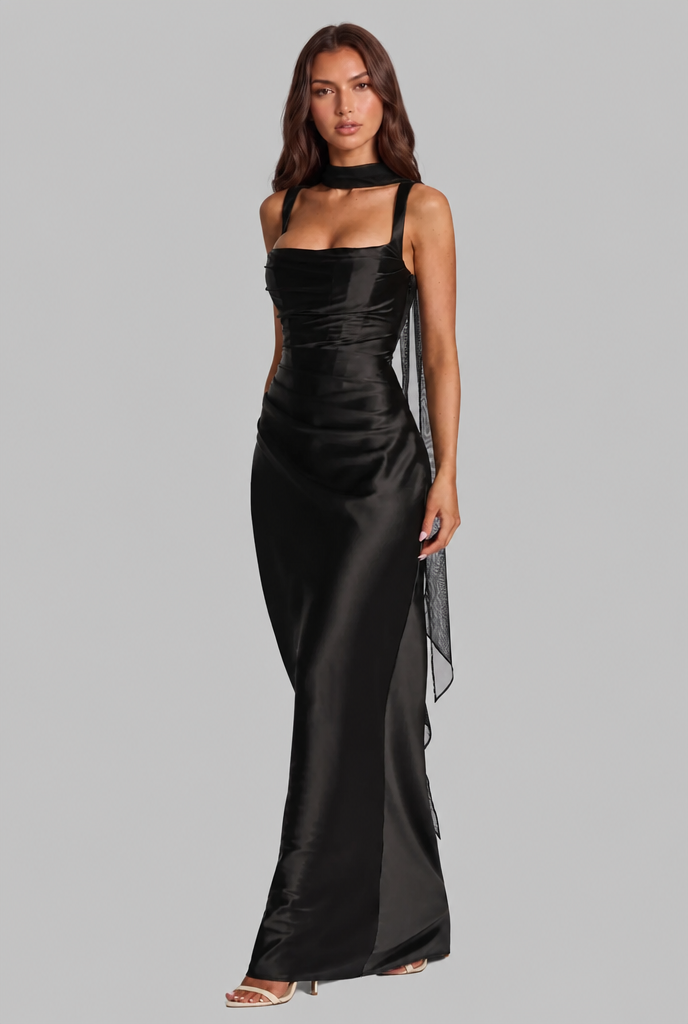 Satin Feel Ruched Waist Maxi Dress Audrey Calvero