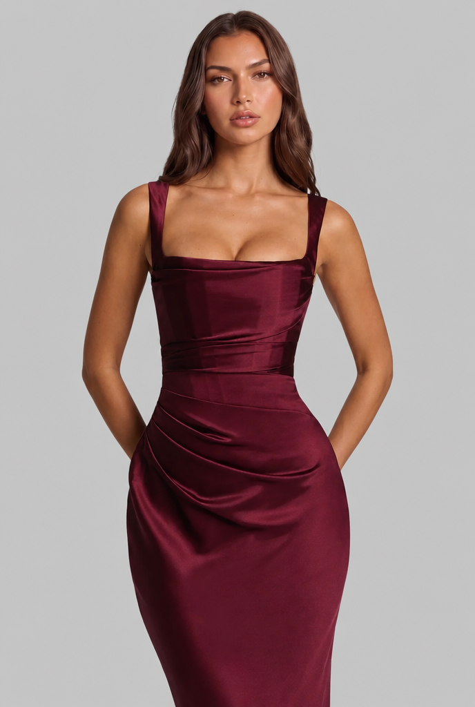 Satin Feel Ruched Waist Maxi Dress Audrey Calvero