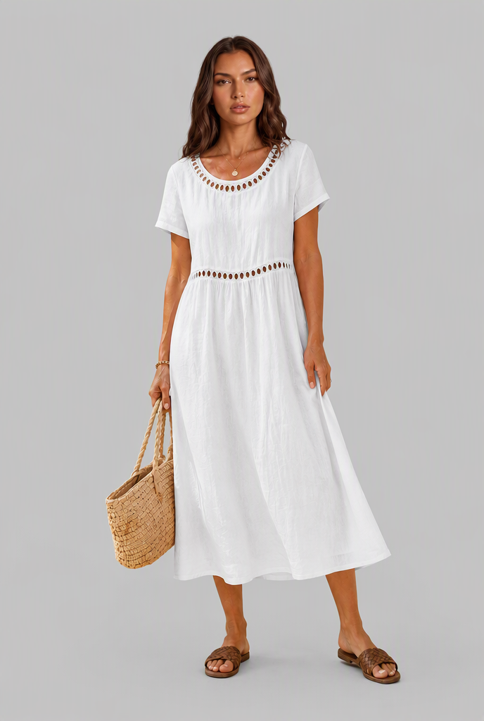 Linen Midi Dress with Cutwork Detail Audrey Calvero