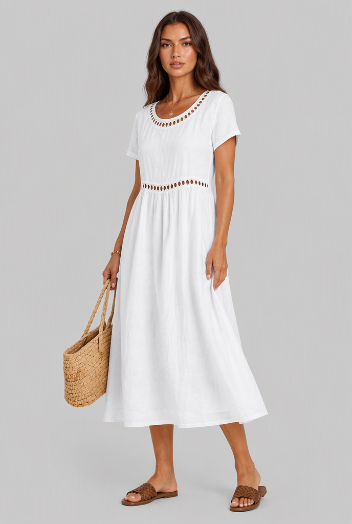Linen Midi Dress with Cutwork Detail Audrey Calvero