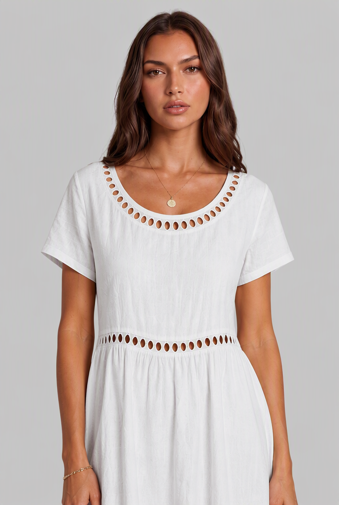 Linen Midi Dress with Cutwork Detail Audrey Calvero