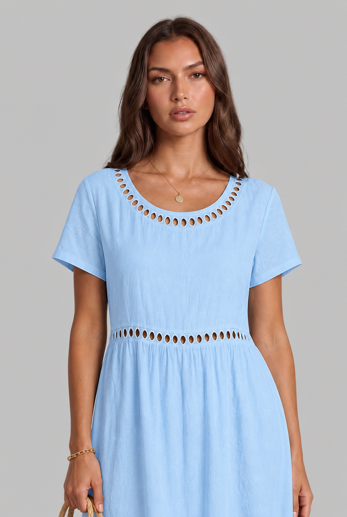 Linen Midi Dress with Cutwork Detail Audrey Calvero