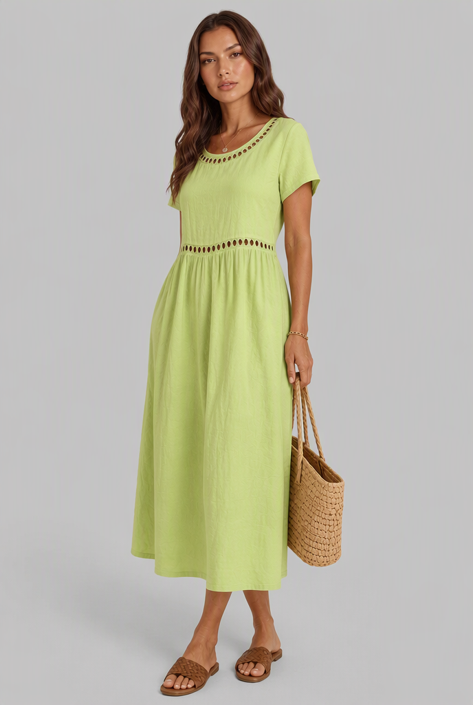 Linen Midi Dress with Cutwork Detail Audrey Calvero