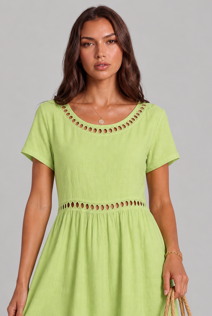 Linen Midi Dress with Cutwork Detail Audrey Calvero