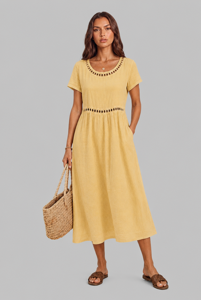 Linen Midi Dress with Cutwork Detail Audrey Calvero