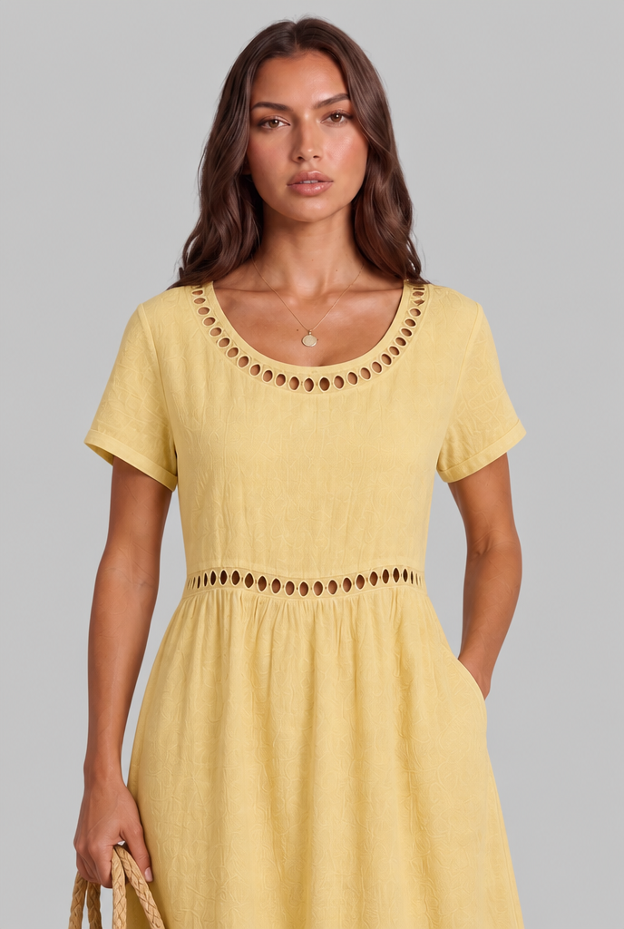 Linen Midi Dress with Cutwork Detail Audrey Calvero
