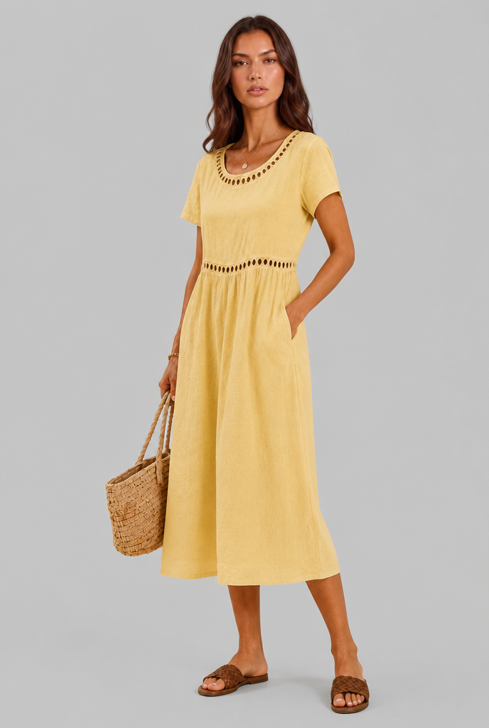 Linen Midi Dress with Cutwork Detail Audrey Calvero