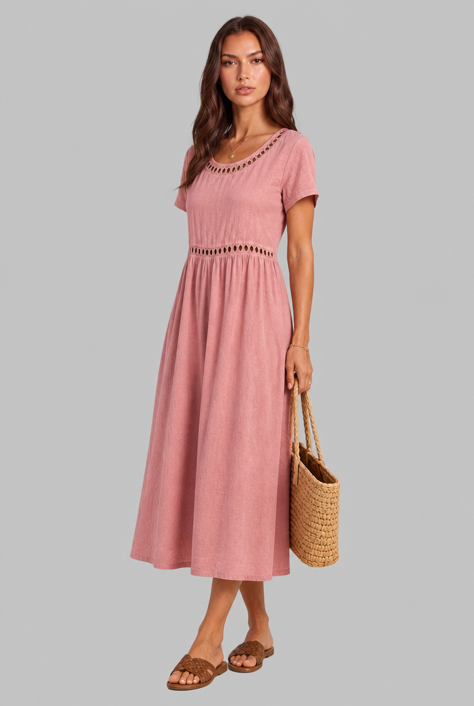 Linen Midi Dress with Cutwork Detail Audrey Calvero