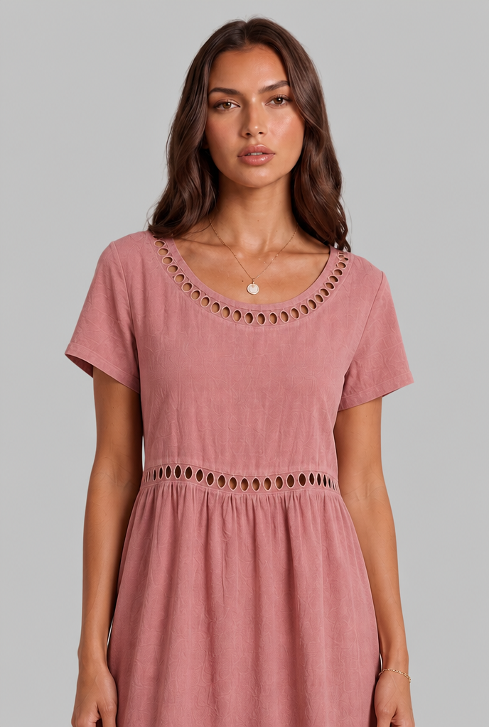 Linen Midi Dress with Cutwork Detail Audrey Calvero