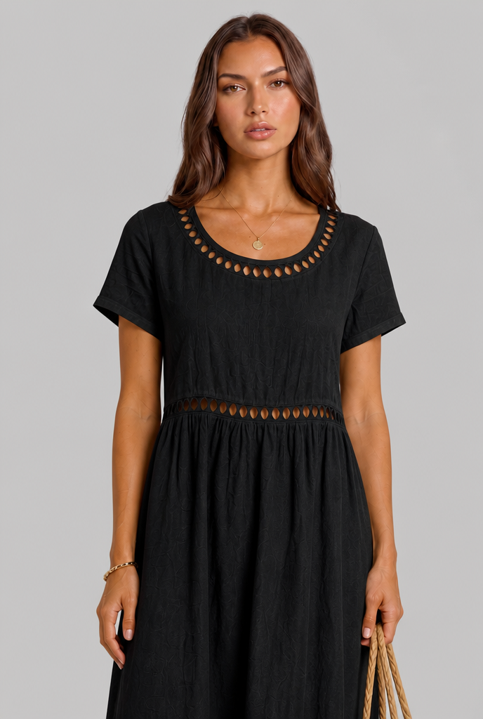 Linen Midi Dress with Cutwork Detail Audrey Calvero