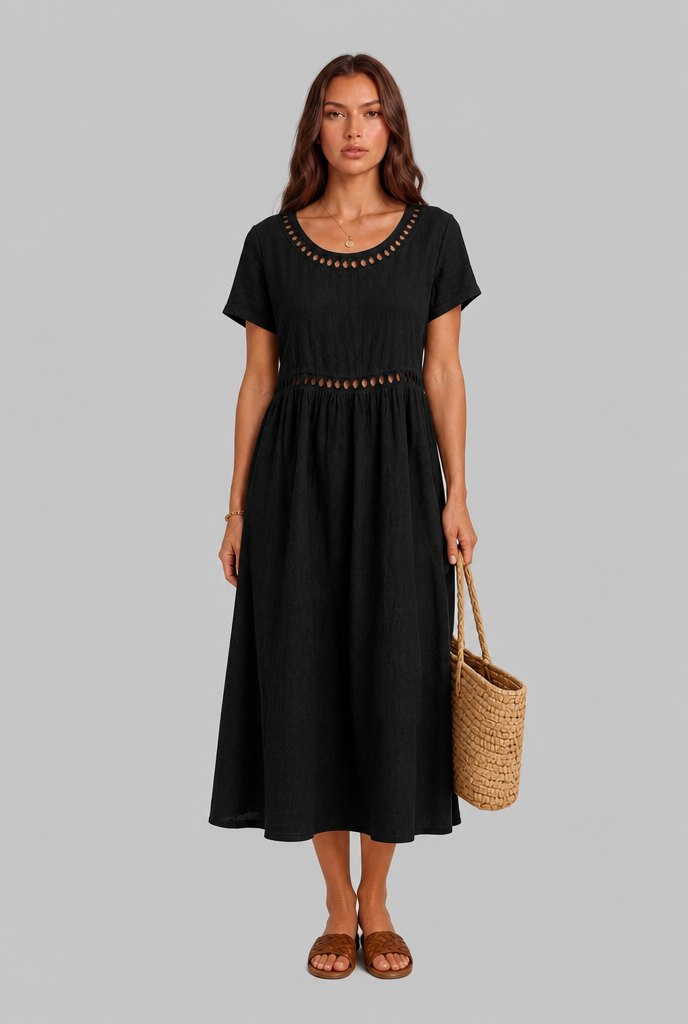 Linen Midi Dress with Cutwork Detail Audrey Calvero