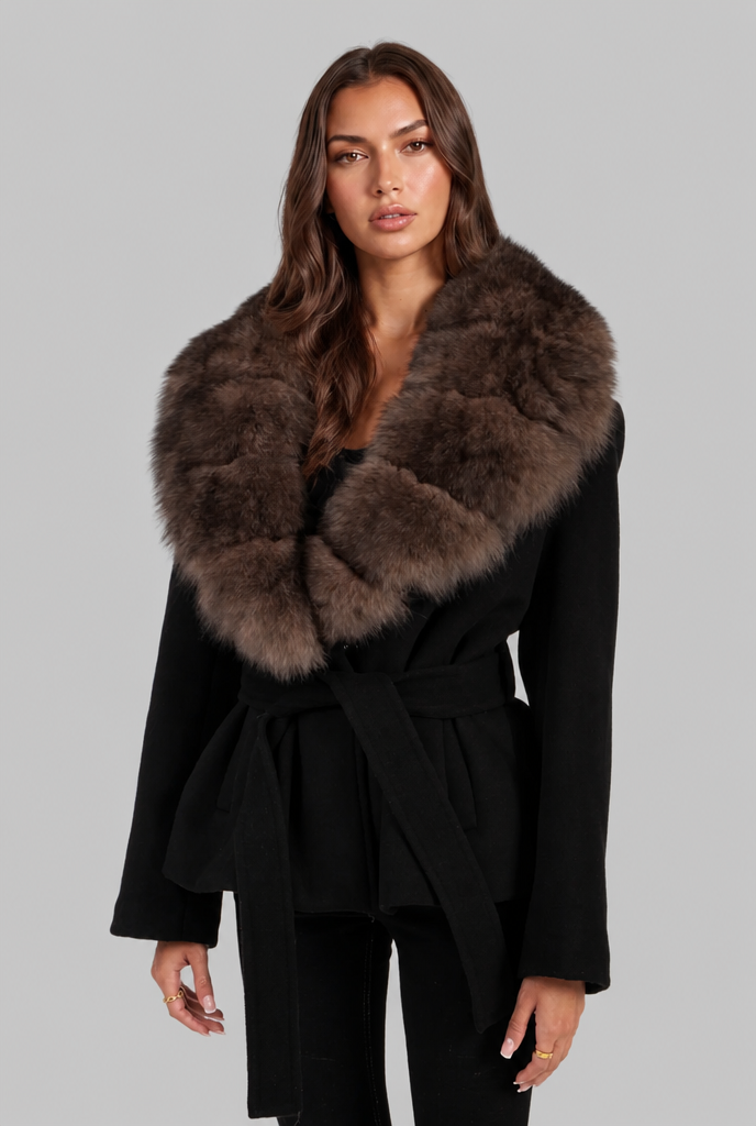 Belted Wool Coat with Fur Collar Audrey Calvero