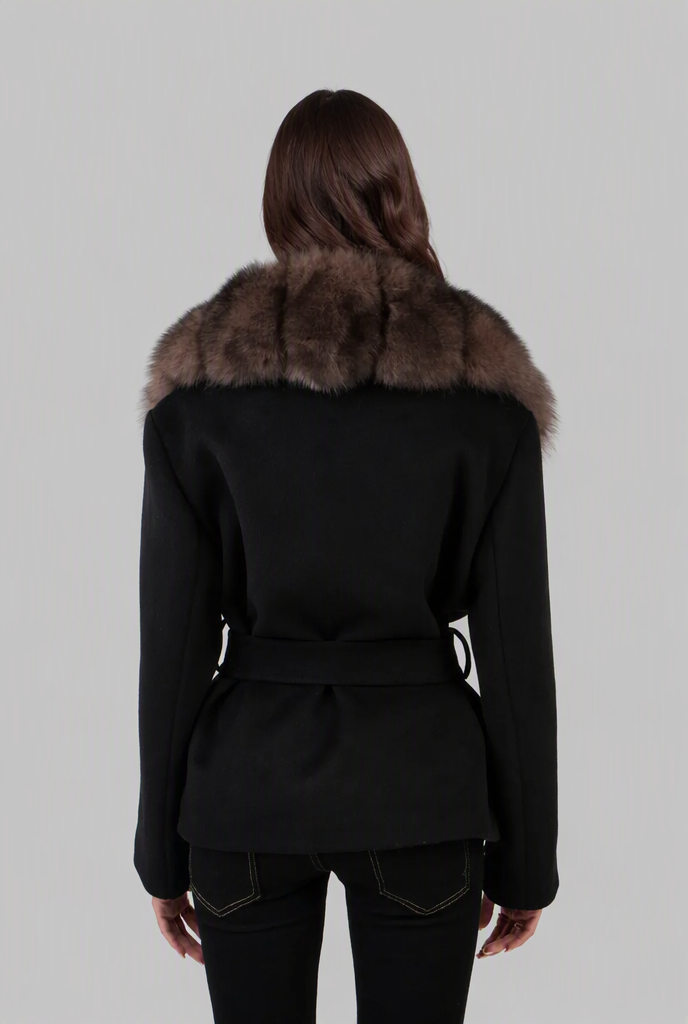 Belted Wool Coat with Fur Collar Audrey Calvero